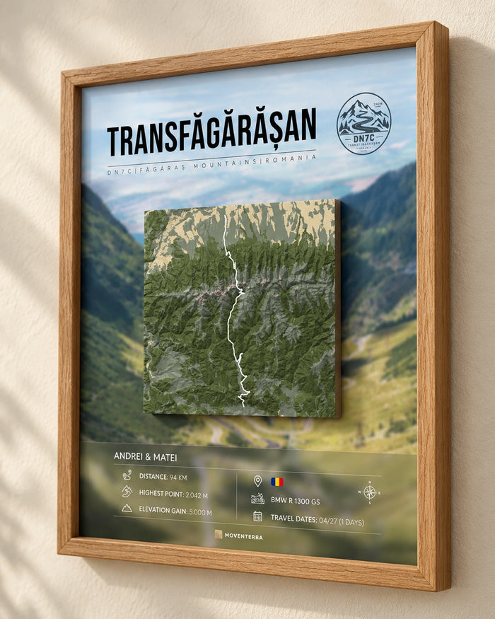 Moventerra 3D-Relief einer Motorradroute im massiven Eichenrahmen, 24 × 30 cm