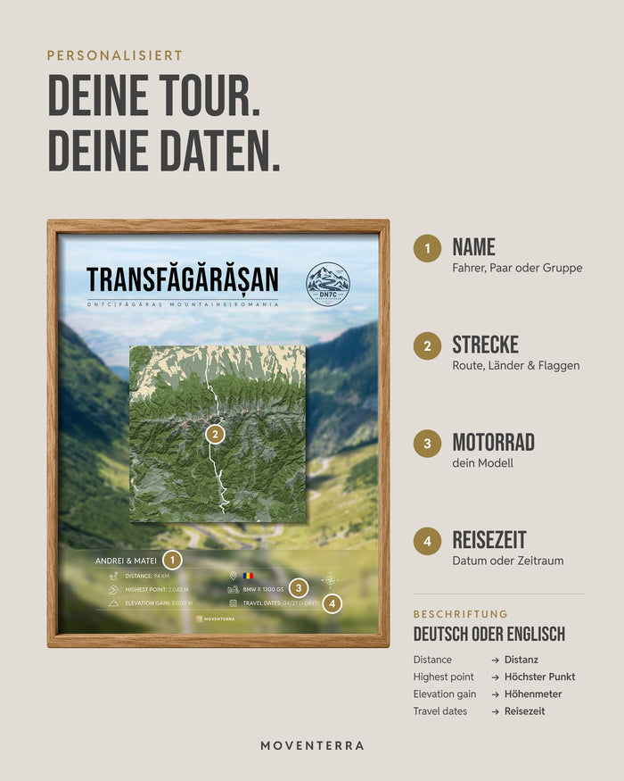 Personalisierung des Reliefs mit Titel, Name, Motorrad und Reisezeit