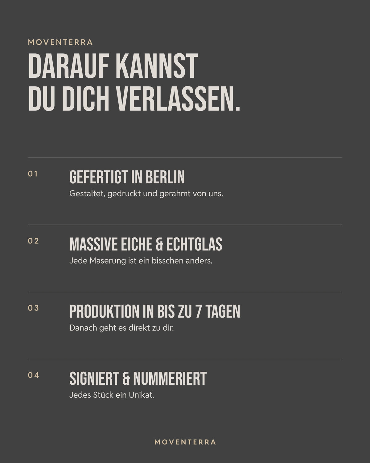 Moventerra Versprechen: Handarbeit aus Berlin, 90 Tage Begeisterungsgarantie, persönlicher Kontakt