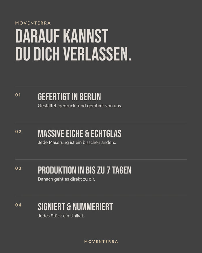 Moventerra Versprechen: Handarbeit aus Berlin, 90 Tage Begeisterungsgarantie, persönlicher Kontakt